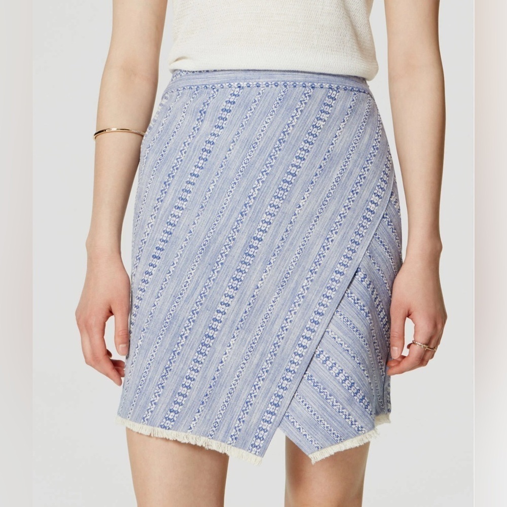 LOFT Blue and White Cotton Striped Tweed Wrap Skirt fringe hem Size 14